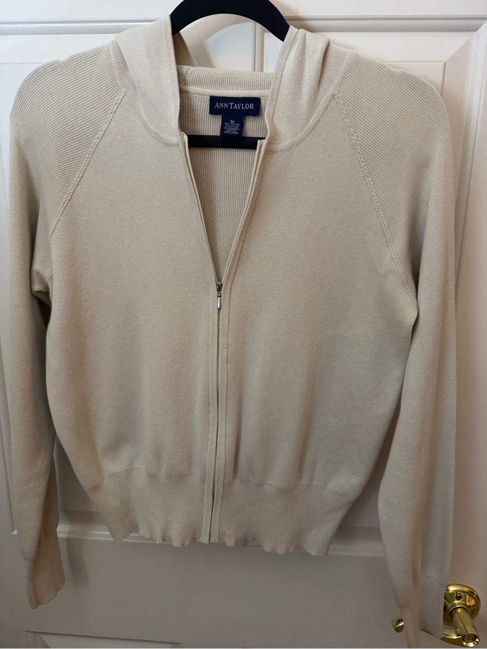 Ann Taylor Beige Zip Hoodie Sweater 81% Cotton Size Medium